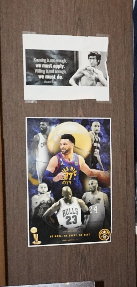 Taped on Jamal Murray’s locker. “Knowing is not enough. We must apply. Willing is not enough. We must do.” - Bruce Lee. <a href="/BeMore27/">Jamal Murray</a> #Nuggets Let’s Go!!!