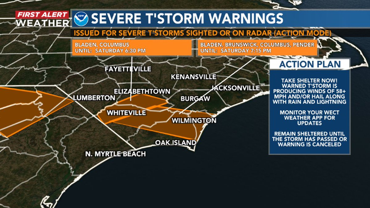 A SEVERE THUNDERSTORM WARNING has been issued for portion(s) of SE NC. Seek shelter now! Large hail and/or damaging wind is occurring or may shortly at the locations highlighted on the map.
RADAR: wect.com/weather
#WECTwx #ILMwx