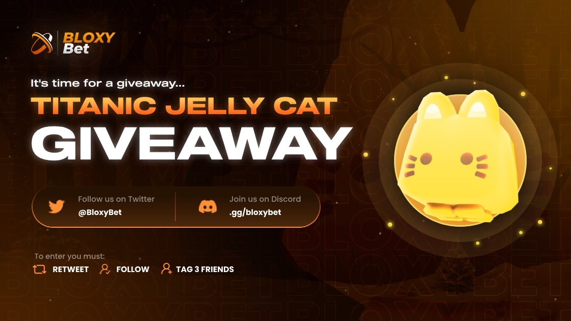 bloxybet's tweet photo. TITANIC JELLY CAT Giveaway 💛

To enter 🥇
Retweet &amp; Follow + Tag 2 Friends

Win the following prizes:
1️⃣ - Titanic Jelly Cat x1 🪙

There will be 1 winner!

The Winner will be found in 7 days 🤑
#roblox #PetSimulator99 https://t.co/3zzEMbTcCt