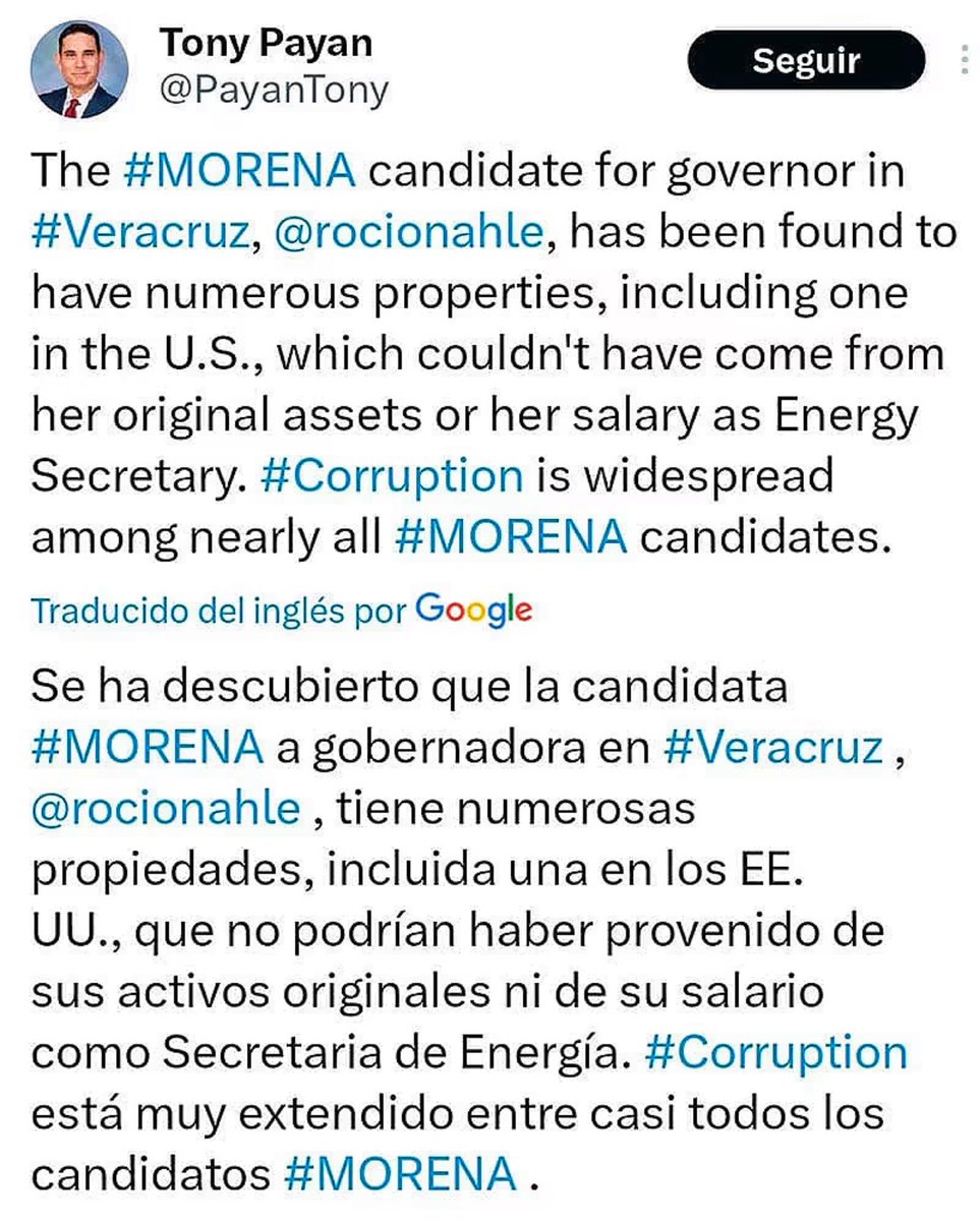 🔍 ¡El caso Nahle alcanza Estados Unidos! Tony Payan, director del centro para EE.UU. y México en el Instituto Baker, revela que @rocionahle, candidata de #MORENA a gobernadora en #Veracruz, posee propiedades, incluida una en EE.UU., incompatibles con su salario anterior.