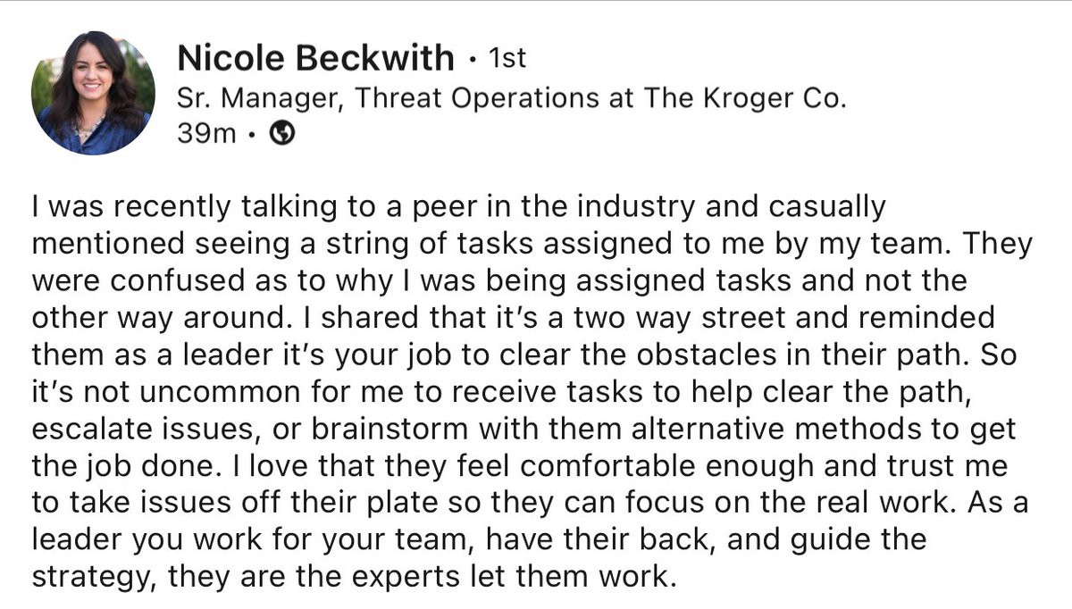 Banger from @NicoleBeckwith. I assign tasks to my leaders, and I encourage my team to assign tasks to me. It's actually a blessing, because that's one less thing I didn't have to write down. Also, management, leadership, and obstacle clearing is real work. 🫶🏼 Link to original…