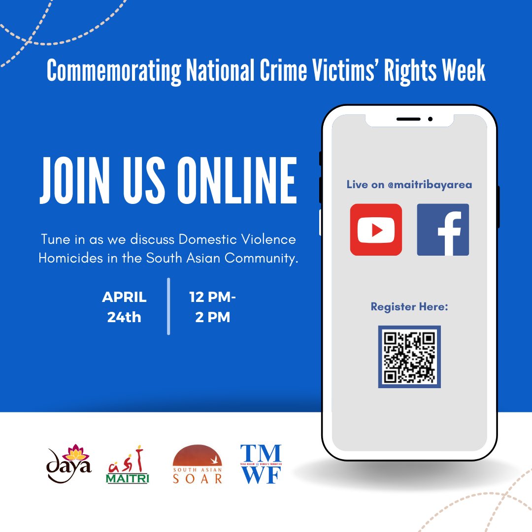 Join us April 24 for a Discussion on Domestic Violence Homicides in the South Asian Community!

Click the link to learn about the event and register. conta.cc/4cOoRAv

#TMWF #SouthAsianCommunity #EndDV #homicide #communityengagement