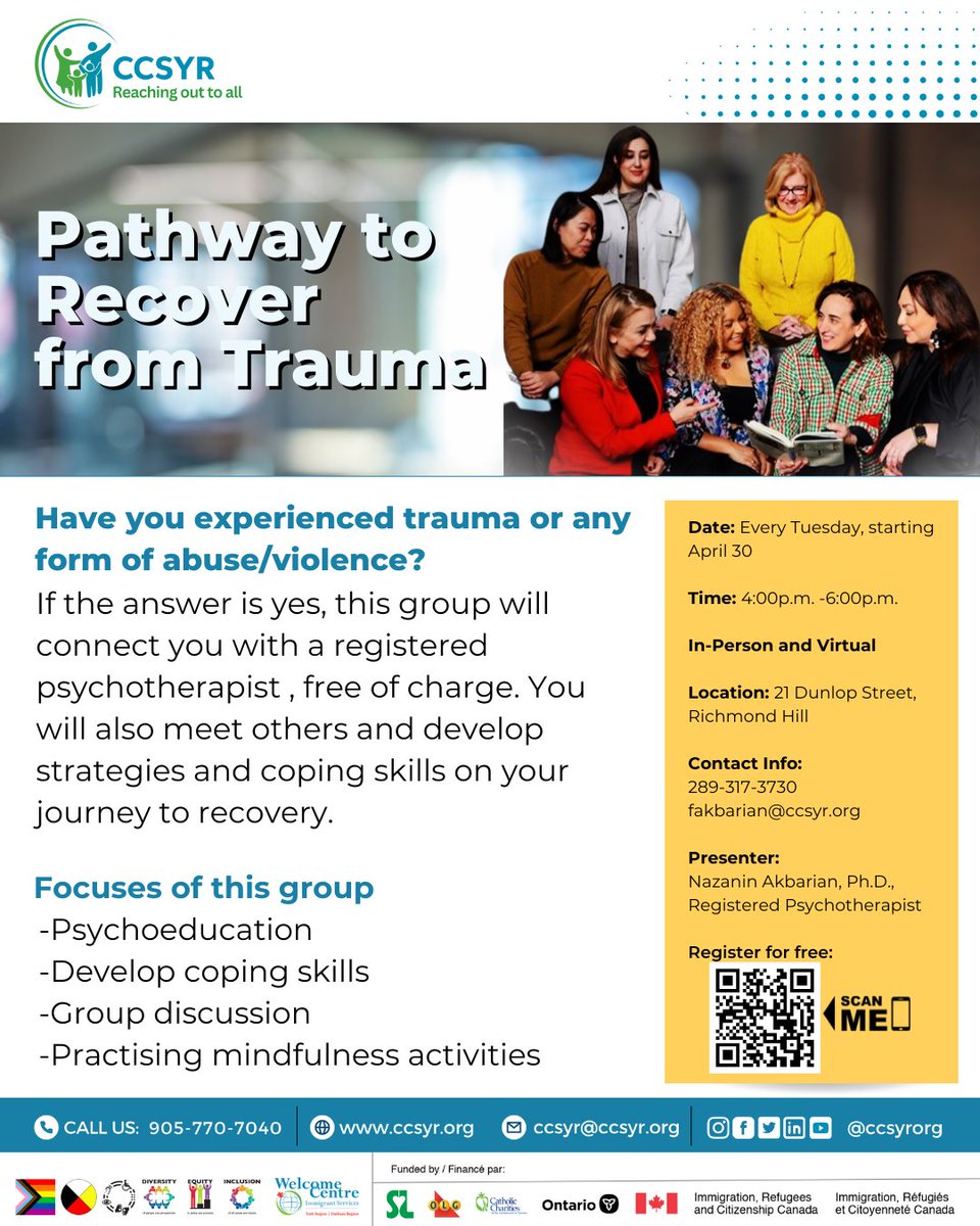 Recovery from trauma is difficult but not impossible if you have the right support system! Email fakbarian@ccsyr.org to learn about our free sessions, starting April 30, both in-person and virtual. 
#ccsyr #yorkregion #counsellingservices #traumarecovery #freecounsellingsession