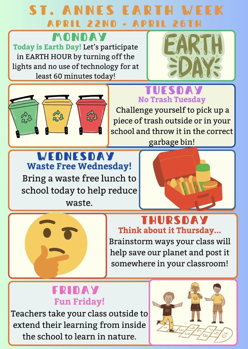 In celebration of Earth Day we will participate in an eco friendly spirit week!! 🌎🍃♻️💙 4/22-4/26 <a href="/stanne_bw/">St.Anne BW</a>