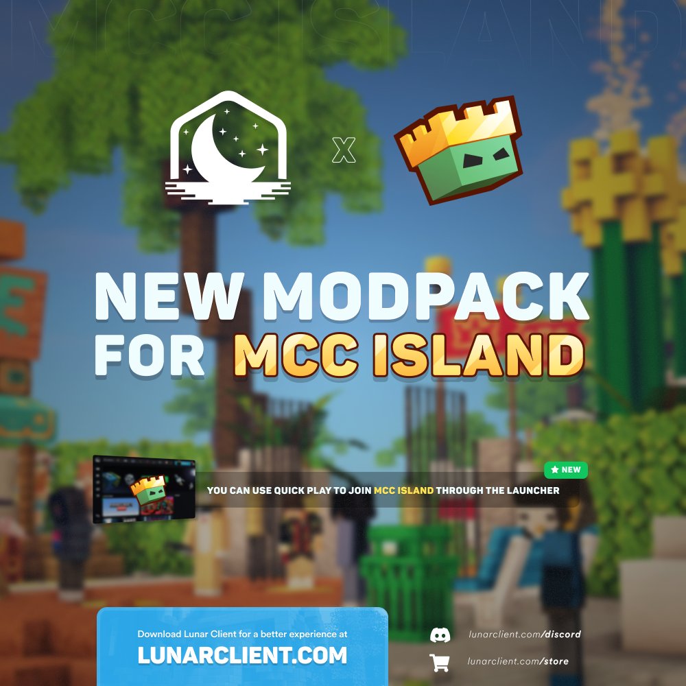 We're excited to announce the release of the MCC Island modpack on Lunar Client! 👑

Join MCC Island directly from our launcher and play with mods such as Noxesium, Island Utils, and more! The mods are sourced directly from Modrinth. 🎮