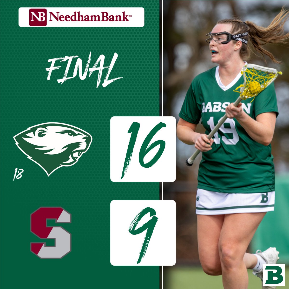 Clare Connolly led all players with 16 draw controls and scored four times while Kathleen Murphy made 12 saves as No. 18 @BabsonWLax clinched its fourth @NEWMACsports regular season title in six seasons with a 16-9 win at @SC_Pride on Saturday. #GoBabo #d3wlax