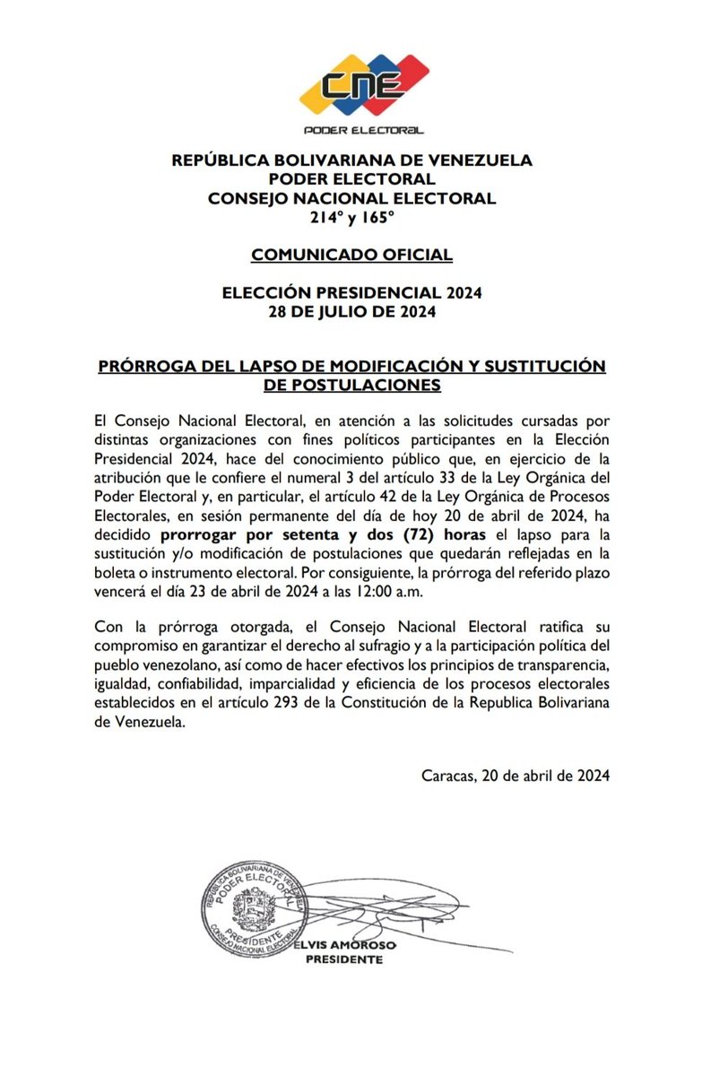 COMUNICADO OFICIAL: En atención a las solicitudes cursadas por las Organizaciones con Fines Políticos, el CNE decidió prorrogar por 72 horas el lapso para la modificación y/o sustitución de postulaciones que quedarán reflejadas en la boleta o instrumento electoral. #CNEesIgualdad