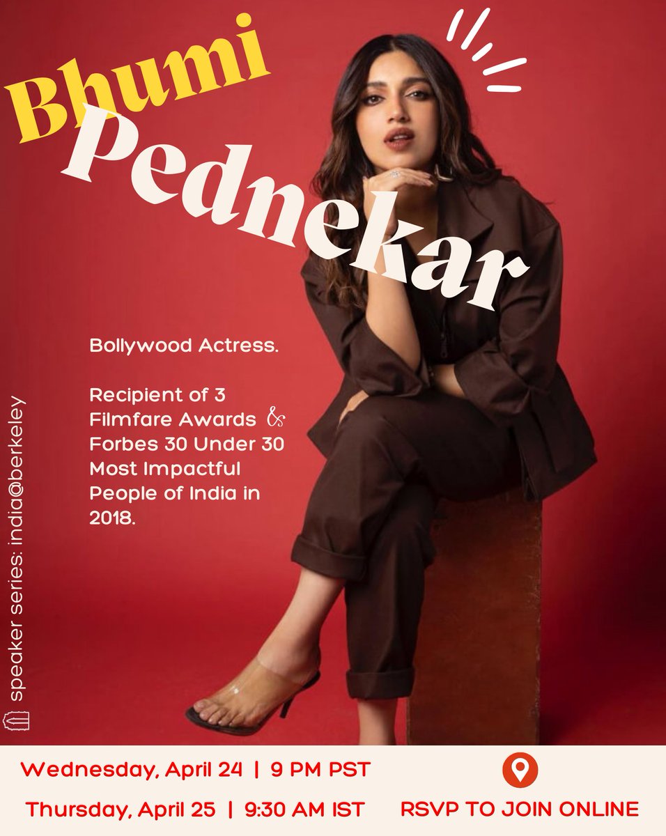 Berkeley1India's tweet photo. Join us for an engaging evening featuring actress @bhumipednekar🌟. She is widely known for her powerful portrayals of diverse characters in films like “Dum Laga Ke Haisha,” “Toilet: Ek Prem Katha,” and “Bala.” 

🗓️ Date: Wed, April 24 | 9 PM PST
📍 RSVP: https://t.co/62PJwGNyEw https://t.co/C0GQwMrr1l