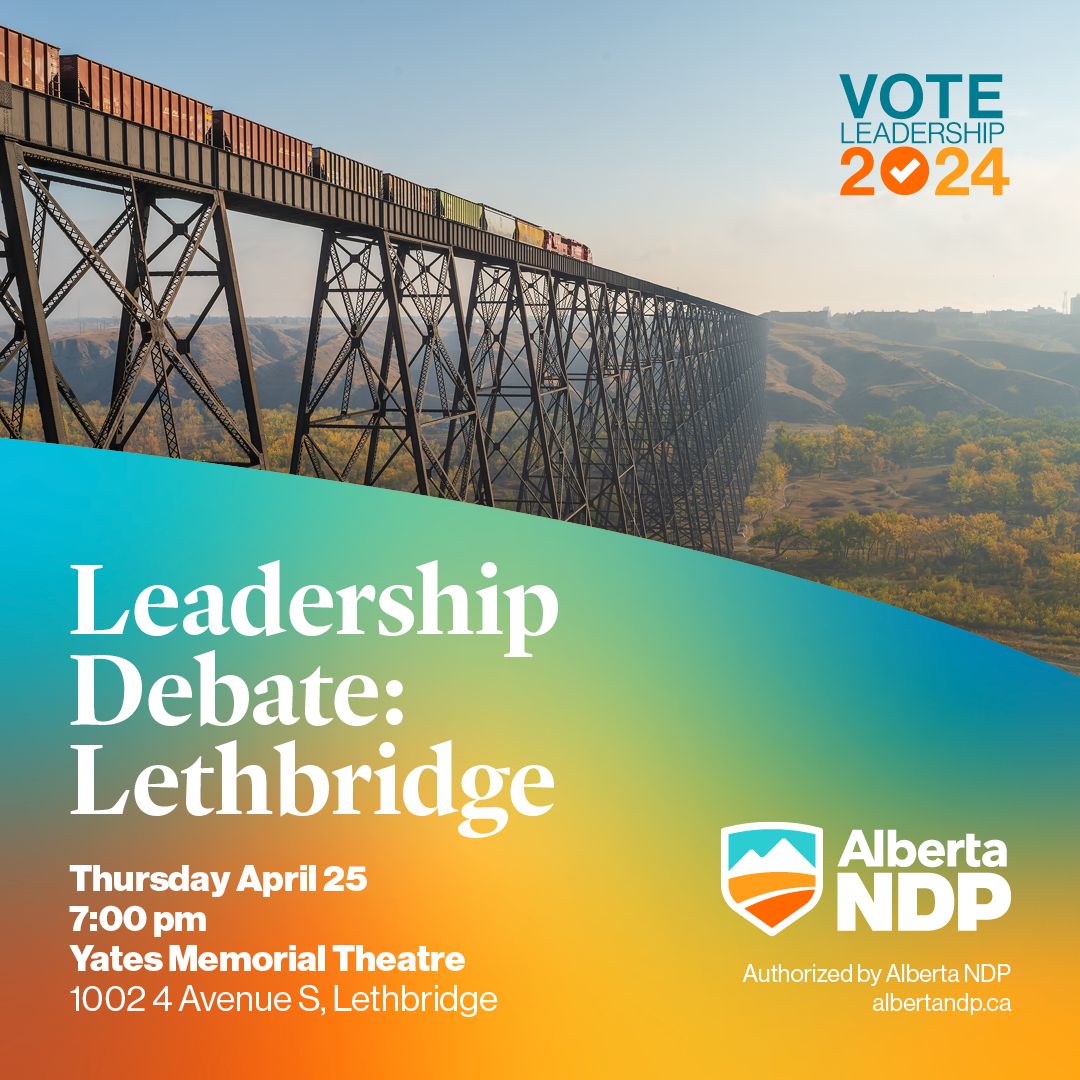 Tonight

The first leadership debate is going to happen in Lethbridge on April 25th.

Watch online here: youtube.com/@AlbertaNDPOff…

#AbLeg #AbNdp