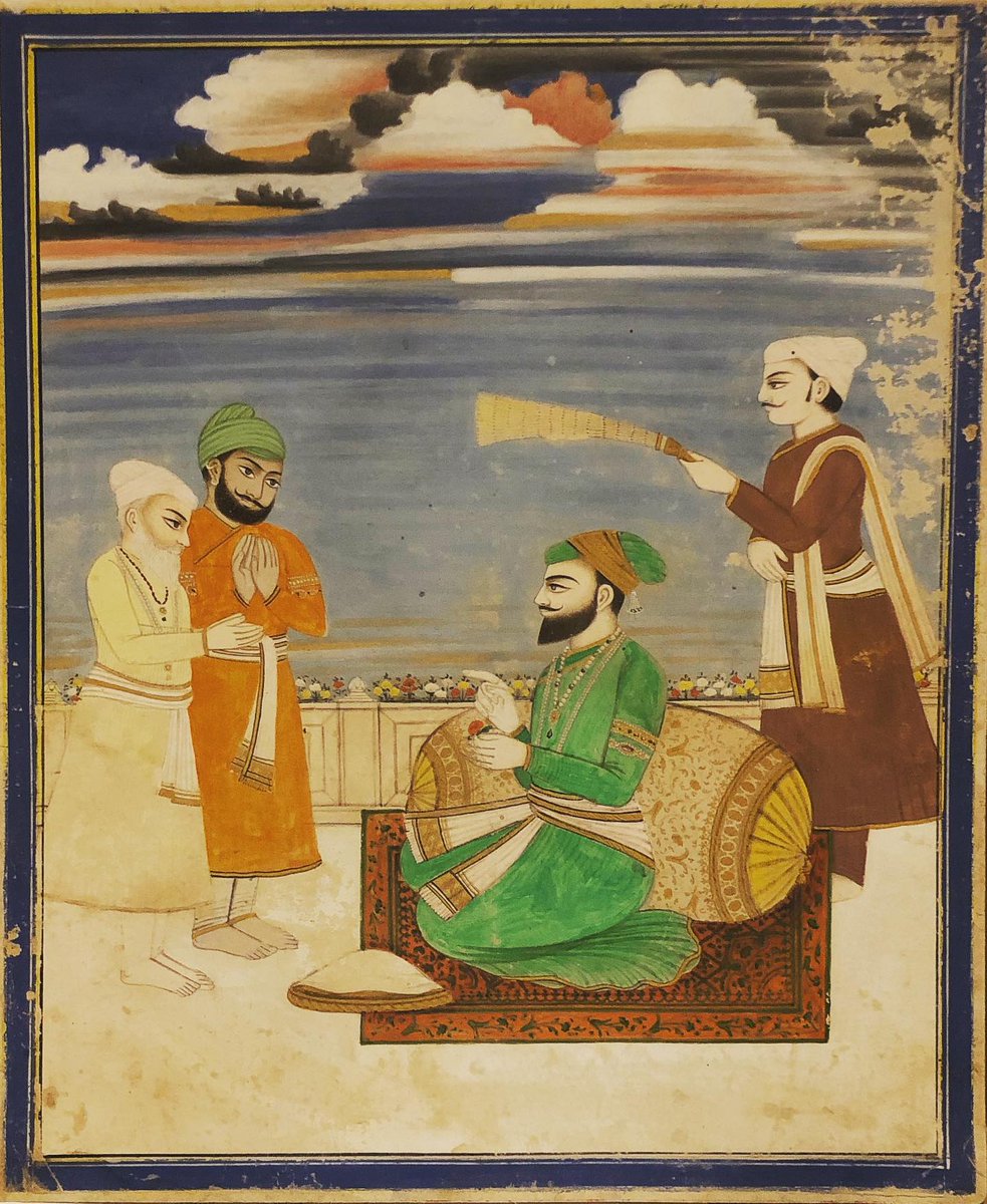 Miniature painting depicting Guru Har Rai, the seventh guru of the Sikhs, seated on a carpet leaning against a bolster whilst on a terrace and being surrounded by attendants. Unknown date. #sikhism #sikhi #sikhs #sikhart #sikhheritage #sikhhistory #guruharrai #sikhitihaas #harrai