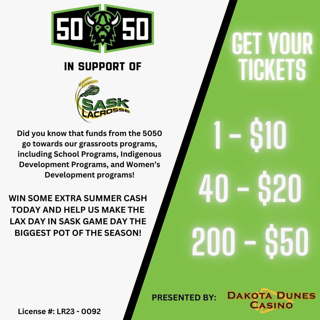 SaskLacrosse's tweet photo. Jackpot is already at $50K!  Get your ticket using the link below and help us make the Lax Day in Sask Jackpot the biggest of the season!     @saskrush @dakotadunescasino #GrowTheGame #ExtraSummerCash #LaxDay

https://t.co/GQsGMIIYYt https://t.co/9DUCMYCD7x