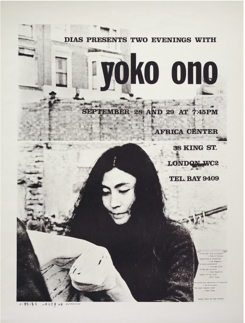 DIAS presents two evenings with Yoko Ono, 28 and 29 September 1966. Programme and fragment of BIBA dress from Cut Piece (Michael Gibbs papers, Tate Gallery Archive TGA 20105) Poster (Walker Art Center, 1989.294) @Tate @walkerartcenter