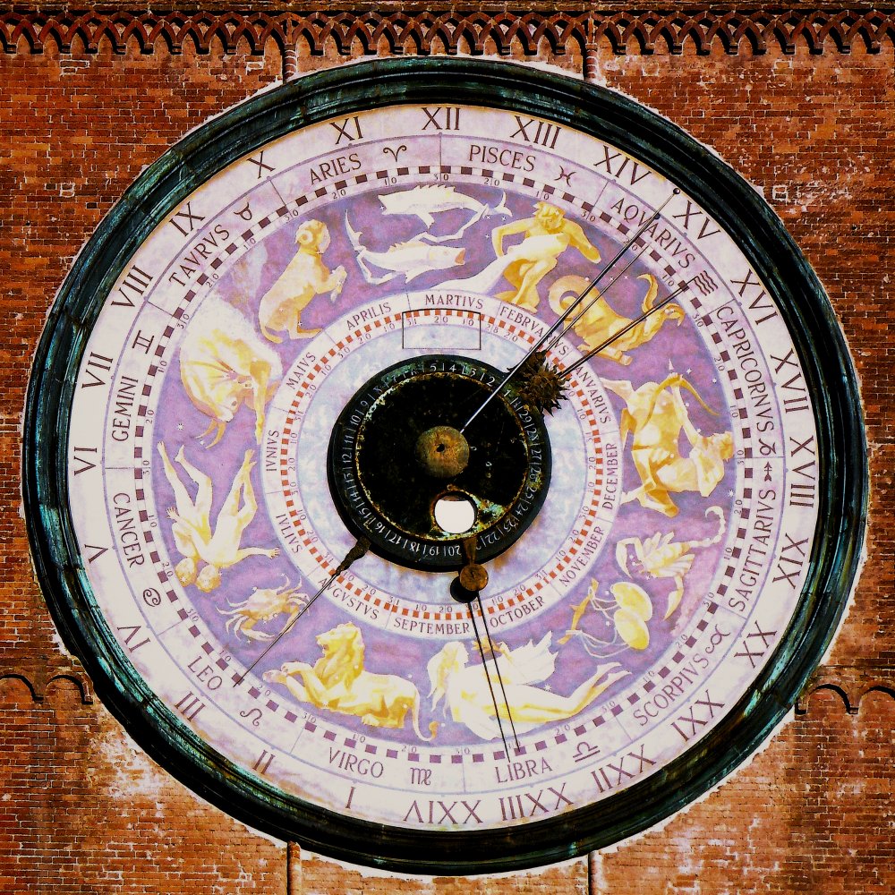 Latin names of the months and zodiacal signs on the largest astronomical clock in the world, the 'Torrazzo' in Cremona (Italy), built in 1583.