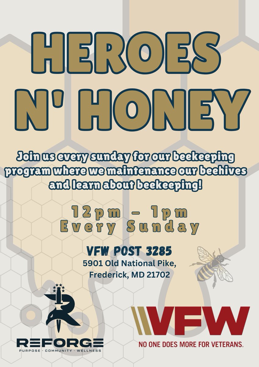 Join us every Sunday to learn how to take care of the #Frederick #VFW bees. Did you know bees are built for short trips, and their wings flap 12,000 times per minute.