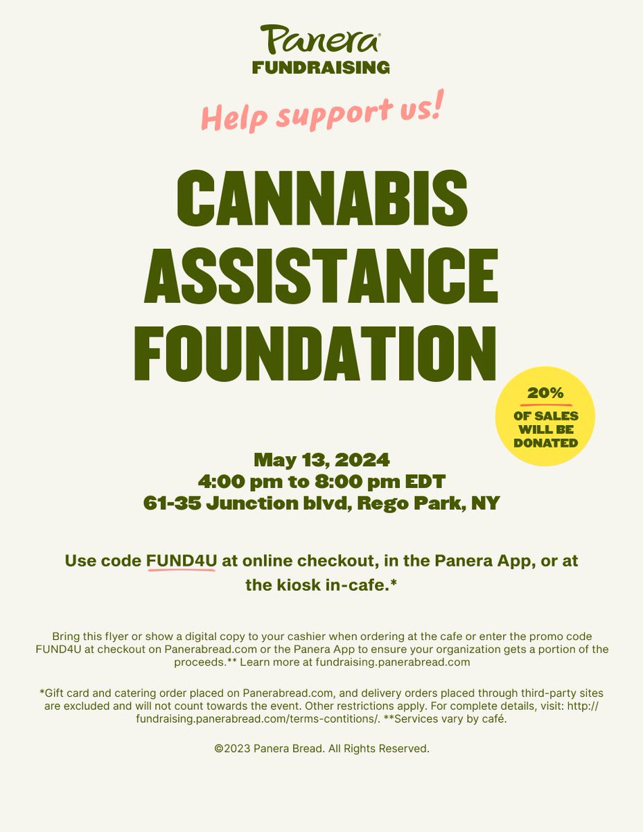 CAFnonprofit's tweet photo. Join us at Panera Bread in Rego Park Mall on May 13th for our fundraiser event! 🌿✨ Supporting low-income individuals with free access to cannabis &amp; hemp products for a better quality of life. Raffle, giveaways &amp; more! Follow us to stay updated on our mission. 💚 #happy420day https://t.co/chW477QhMo