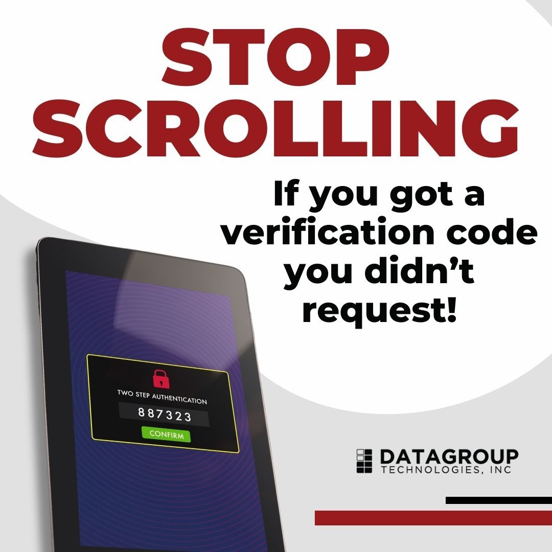 DatagroupT's tweet photo. Have you received a verification code for one of your accounts that you didn’t request?

This could be a sign someone is trying to log into your account or that your account information was compromised in a data breach.

📲Book a 15-Minute Discovery Call – https://t.co/geS6kgDUty https://t.co/ypbKz7VXNG