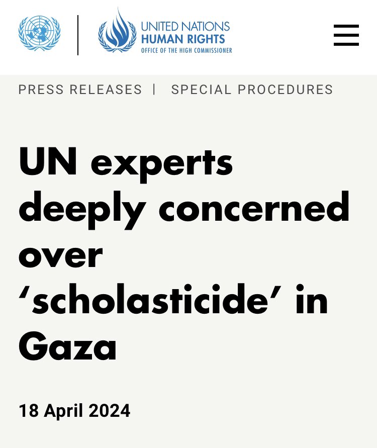 Les experts de l’ONU profondément préoccupés par le #Scholasticide à #Gaza 

Rapport du 18 avril à lire ici : 
ohchr.org/en/press-relea…

#Educide
#Right2education