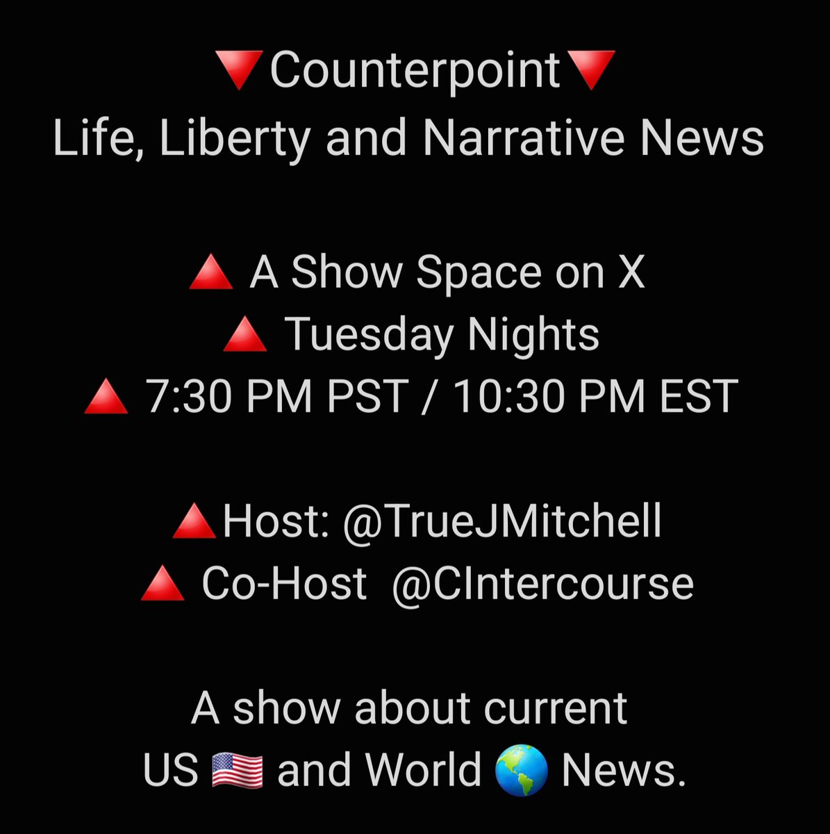 TruthJasonLee's tweet image. 🔻#Counterpoint🔻 
This is my space every Tuesday. 
Please consider joining us for discussions on current news or just coming to listen.

🔳. My dream is to be a voice for others on this platform as well as other platforms.
🔳. This space is one of my projects I am working to