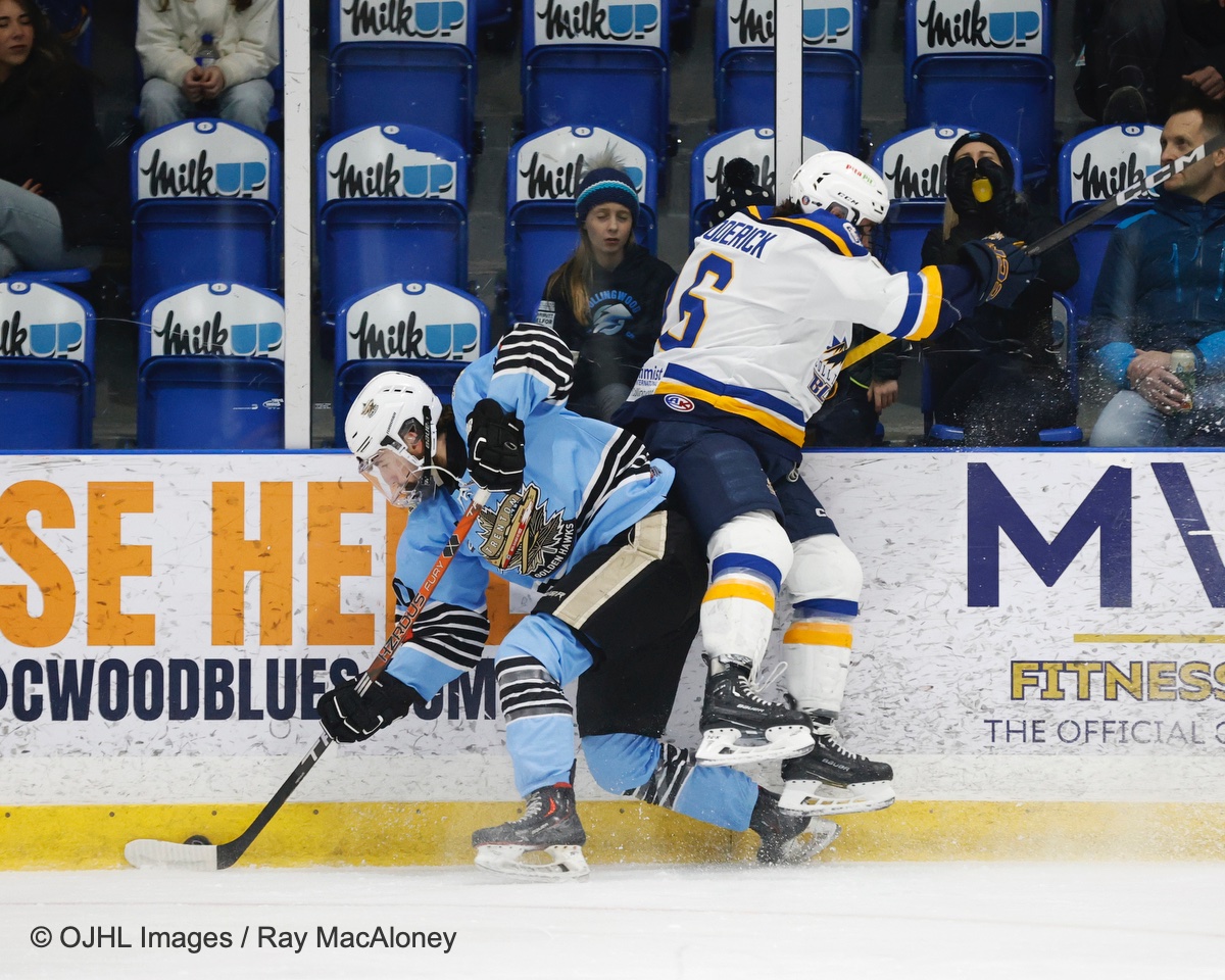 After the first period of play the @CwoodBluesJrA take a 2-0 lead over the @OJHLGoldenHawks. @CwoodBluesJrA @OJHLGoldenHawks @ojhlofficial @ojhlimages @cjhlhockey @OHAhockey1 @HockeyCanada #postseason #Bucklandcup #Championship #leagueofchoice #Nutrafarms