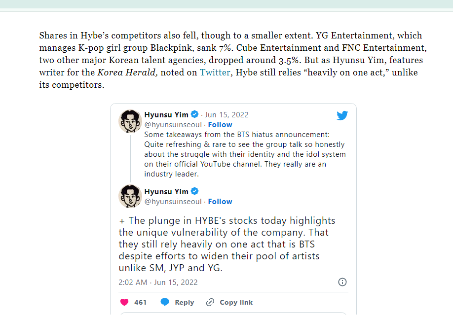 'The collapse' Some of the things that happened on June 15th 2022, the day when media found out BTS will start focusing more on solo activities 🧵 - HYBE shares sank by nearly -30%, hitting their all time low since entering stock market – YG, SM and JYP stocks lost average…