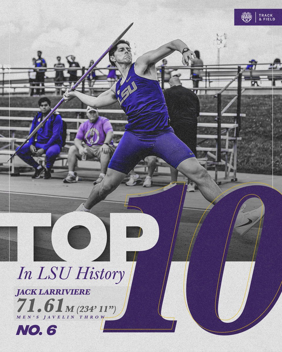 In just his second collegiate meet and his first meet since last year's outdoor opener, Jack Larriviere takes the win in javelin! 🥇

The sophomore recorded the No. 6 distance in LSU PL history of 71.61 meters!

#GeauxTigers | 📊 lsul.su/alumnigoldLR24