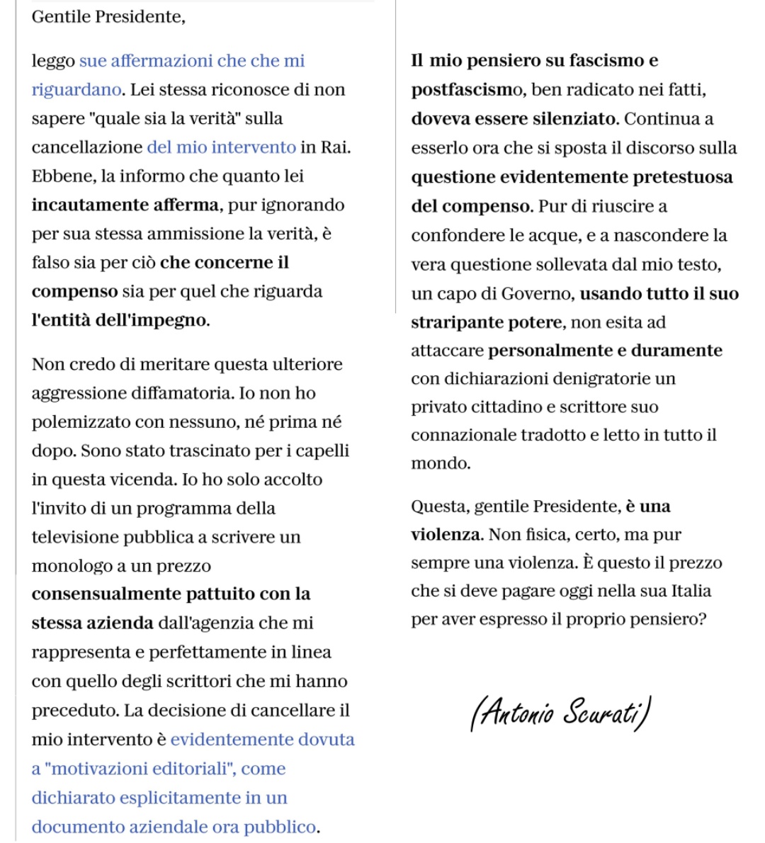 Misurelli77's tweet photo. E Scurati risponde alla Meloni che ancora non ha capito che il Presidente del Consiglio non può attaccare scrittori e intellettuali.
Questo lo fa già egregiamente il suo 
"amichetto" Orban.
Una democratura secondo tutta la comunità internazionale. https://t.co/fPuo5hZJpr