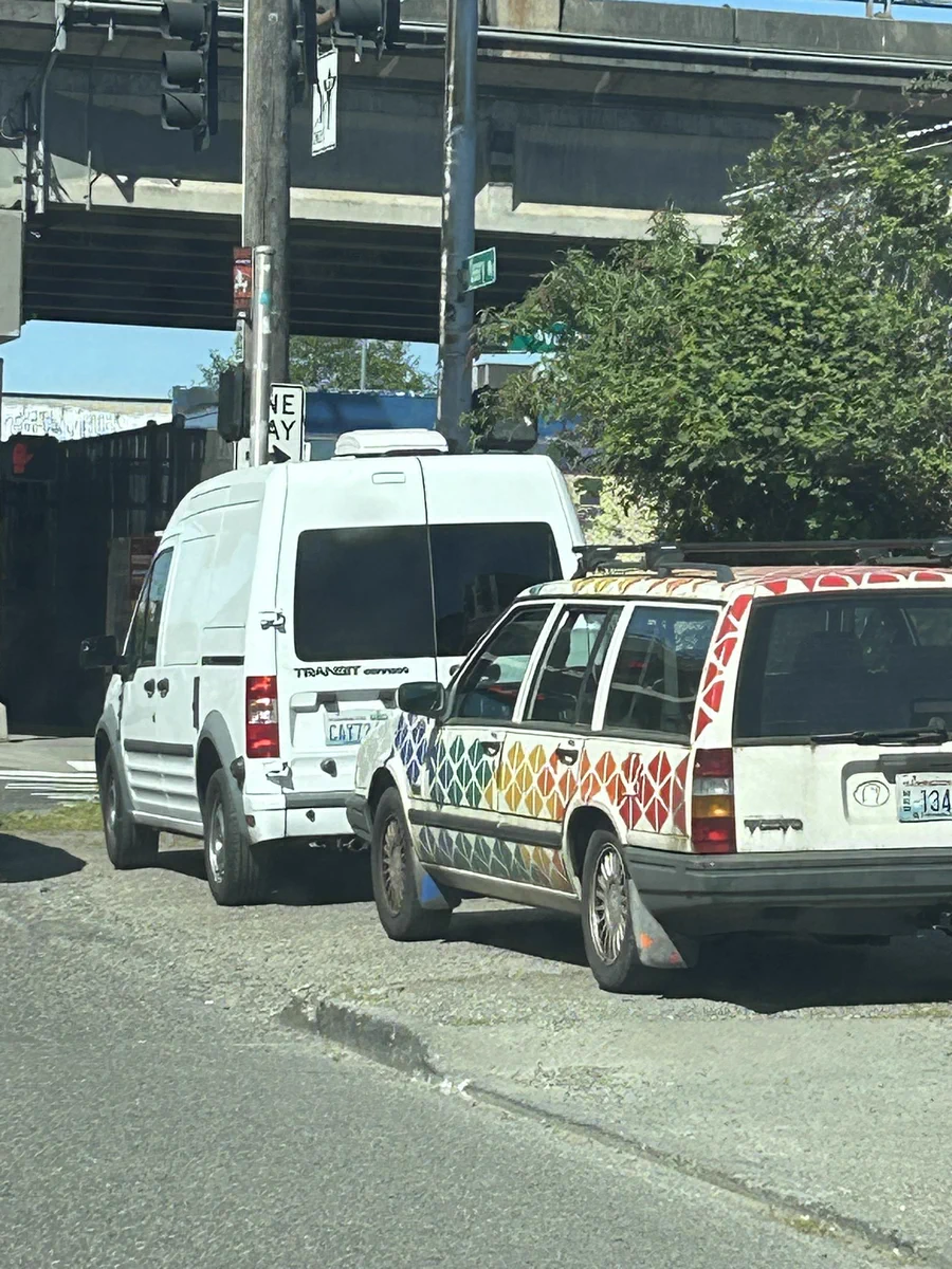 White volvo with rainbow pattern