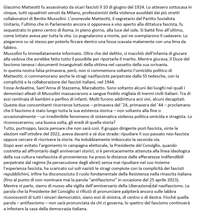 Ecco il testo di #AntonioScurati censurato dalla dirigenza RAI. Leggiamolo tutti e condividiamolo. Viva l'Italia libera e antifascista!