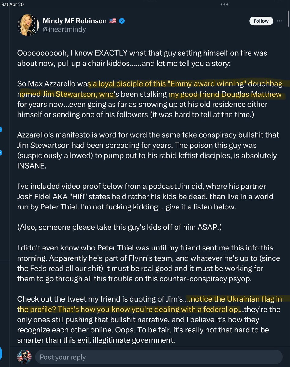 My week: Mike Flynn Jr. challenges me to “debate.” Me: “Sure, let’s do Friday in Santa Barbara.” He goes dark for 4 days to avoid me. I show up anyway. His stalker pal Doug Stewart harasses my family & gets QAnon Mindy Robinson to accuse me of being a cult leader. #5GW #StewAnon