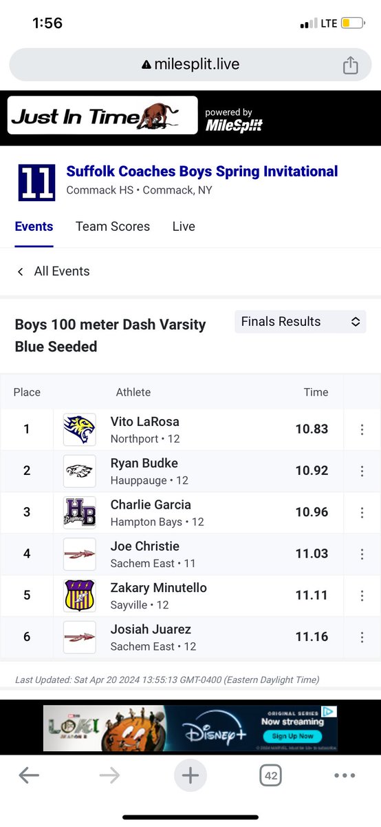 46 year old 100m dash school record broken from 1978 by Hampton Bays Charlie Garcia 🔥 Also, achieved the super standard automatically qualifying him for the New York State Championships in June 💪🏻 @BaymenAD @hbschools #HBstrong