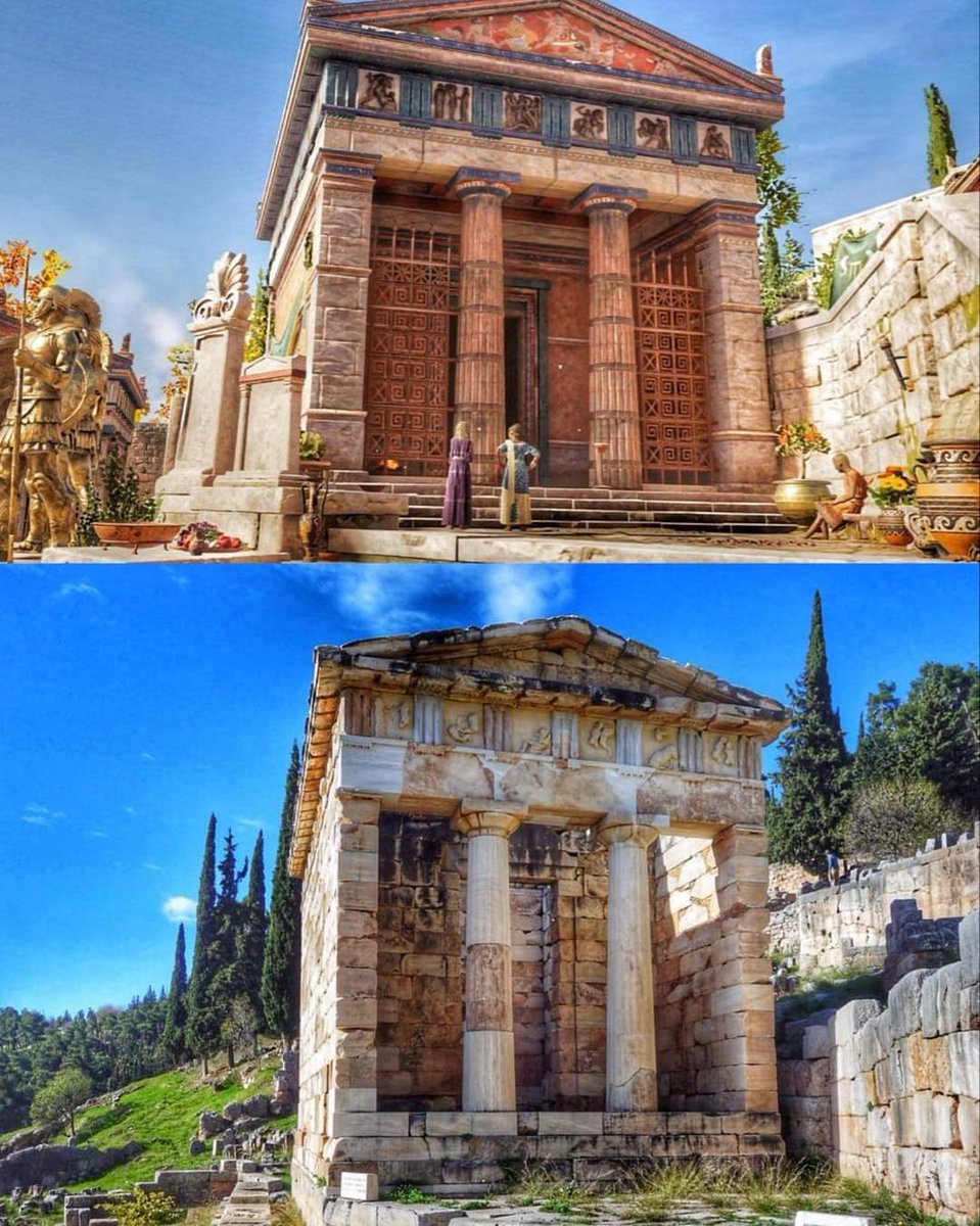 redhistoria's tweet photo. El Tesoro ateniense en Delfos, con una reconstrucción de cómo estaría en el siglo V a.C. y en la actualidad. https://t.co/xQ98IHsmL7