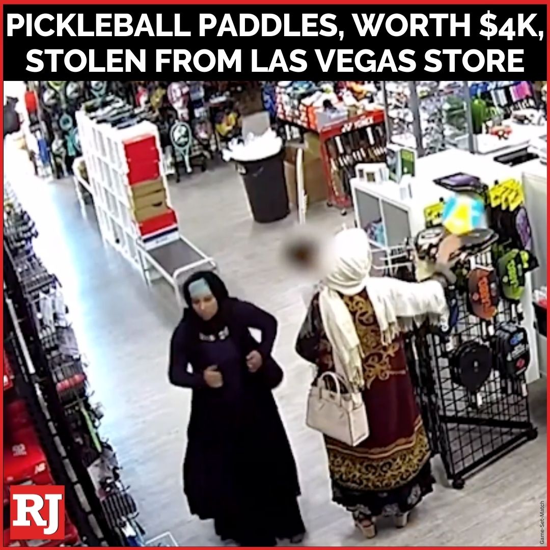 Surveillance cameras captured a pair of women stealing more than $4,000 worth of pickleball paddles from a Las Vegas sports shop by hiding them in their clothing, according to the business.
STORY: tinyurl.com/bp7j5tf6