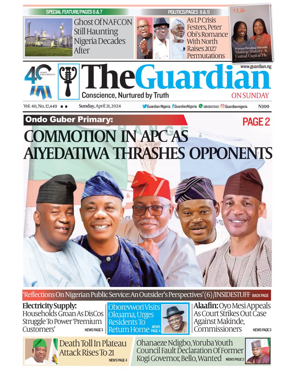 GuardianNigeria's tweet photo. These are the headlines in today’s edition of The Guardian.
Get The Guardian on the newsstands for the latest in world news, sports, and in-depth analysis.
Visit https://t.co/EiKkmggTy3 for more.
#Aiyedatiwa #APC #NAFCON #Obi #LP #Electricity #DisCo #Oborevwori #OkuamaKilling #YahayaBello #Ohaneze #YorubaYouths #BreakingNews #Nigeria #Nigerians