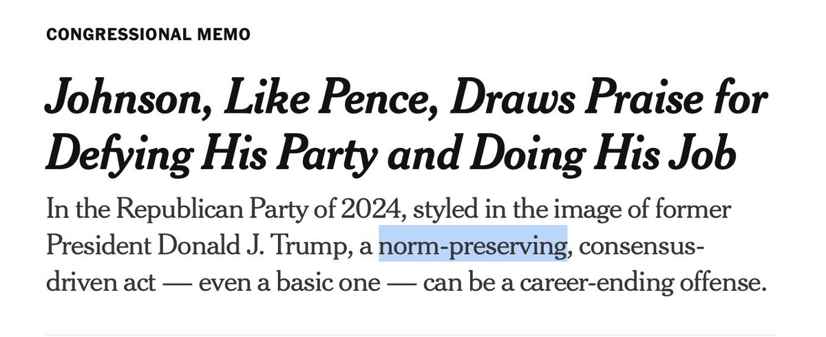 This is why this NYT headline is dumb, and just buys into the 'preserve norms' narrative.

Johnson actually didn't abide by norms. He stopped abiding by a screwed-up GOP norm called the Hastert Rule, which allowed for a saner outcome to emerge.