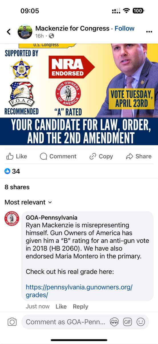 Ryan Mackenzie's misrepresenting he has an "A" grade from GOA. He has a "B" for his anti-gun vote on HB 2026 in 2018. Here's the screenshot &amp; comment, which Mackenzie deleted. GOA has endorsed Maria Montero for Congress in PA-7. His real grade is here: pennsylvania.gunowners.org/grades