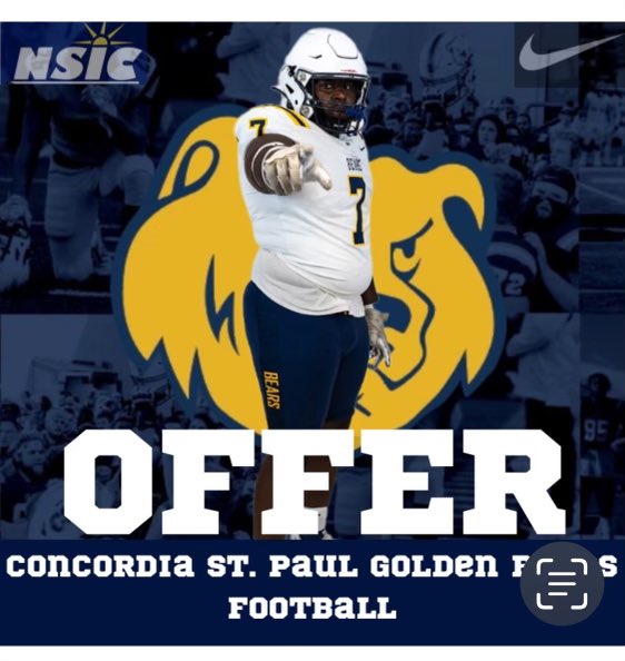 After a great visit I am blessed to receive an offer from The University of Concordia St. Paul 🟡🔵 Go Bears ‼️<a href="/CoachCurrierCSP/">Coach-ShannonCurrier</a> <a href="/Concordia_OLine/">CSP O Line</a> <a href="/CSPBearsFB/">CSP Golden Bears Football</a>