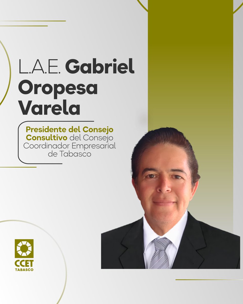 CCET_Tabasco's tweet photo. 𝑳.𝑨.𝑬 𝑮𝒂𝒃𝒓𝒊𝒆𝒍 𝑶𝒓𝒐𝒑𝒆𝒔𝒂 𝑽𝒂𝒓𝒆𝒍𝒂, 𝑷𝒓𝒆𝒔𝒊𝒅𝒆𝒏𝒕𝒆 𝒅𝒆𝒍 𝑪𝒐𝒏𝒔𝒆𝒋𝒐 𝑪𝒐𝒏𝒔𝒖𝒍𝒕𝒊𝒗𝒐 𝒅𝒆𝒍 𝑪𝒐𝒏𝒔𝒆𝒋𝒐 𝑪𝒐𝒐𝒓𝒅𝒊𝒏𝒂𝒅𝒐𝒓 𝑬𝒎𝒑𝒓𝒆𝒔𝒂𝒓𝒊𝒂𝒍 𝒅𝒆 𝑻𝒂𝒃𝒂𝒔𝒄𝒐 (CCET) 👨‍💼.

 #Tabasco #CCET https://t.co/NDeUmv5GTE