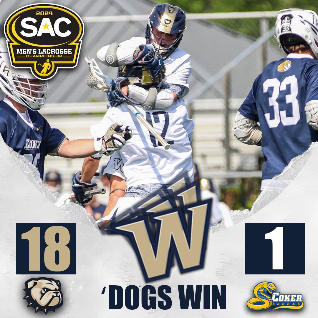 BULLDOGS WIN!!!! #8 @WingateLacrosse cruises to an 18-1 victory over Coker in the SAC Tournament Quarterfinals!! Grieco & Grant each had 2 goals & 2 assists; Riley & McMahon scored 3 goals apiece! Sullivan piled up 8 saves without allowing a goal! #OneDog
