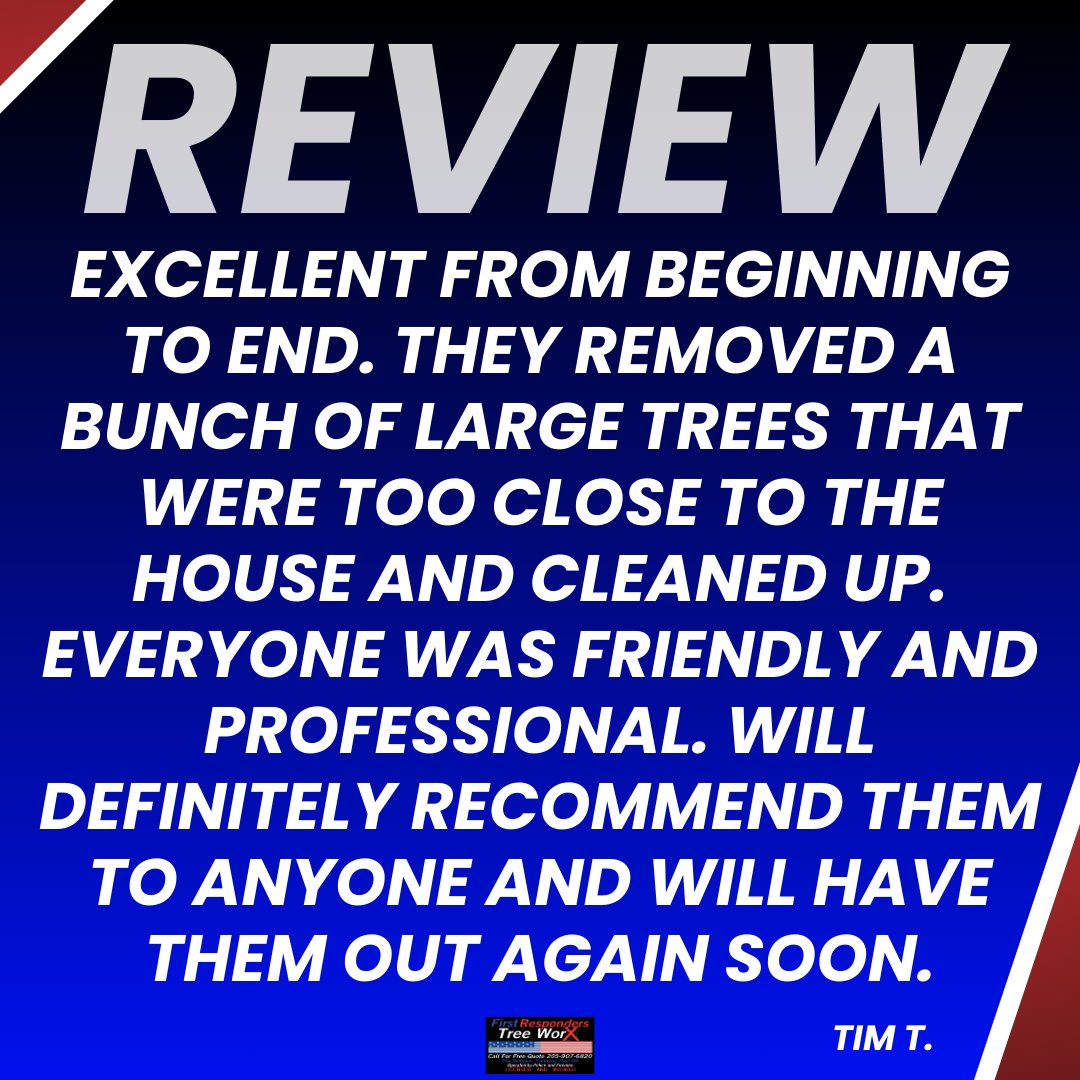 Thank you, Tim, for this great review! We appreciate your business!

#BirminghamAL #HooverAL #ColumbianaAL #CaleraAL #InvernessAL #Alabama #ChelseaAL #HelenaAL #PelhamAL #AlabasterAL #TreeServices #TreeClearing #StumpRemoval #TreeCutting #WasteRemoval