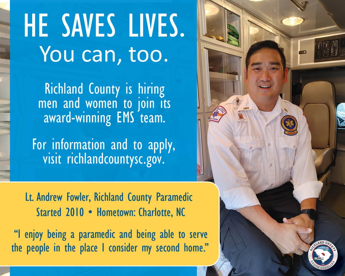 Joining the #RichlandCountySC Emergency Medical Services (EMS)🚑 team is a chance to begin a career in public service or the medical field.

If you are dedicated to service and ensuring public safety, EMS would love to have you!

Apply online: bit.ly/444qDIZ.

#JoinToday