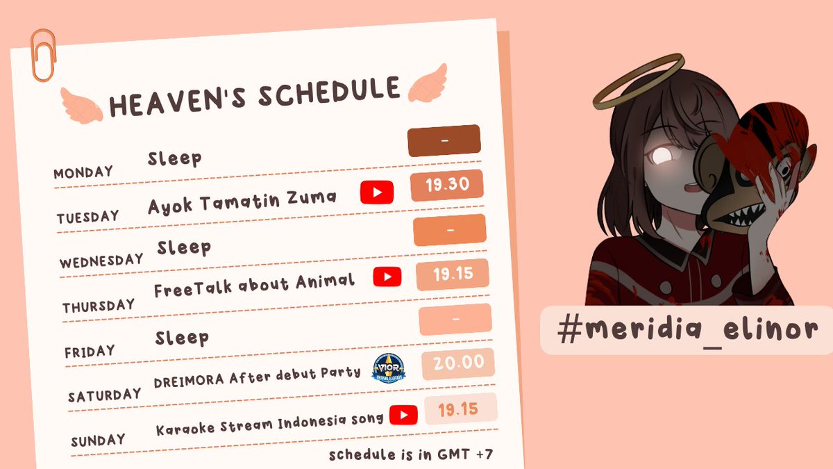 MeridiaElinor's tweet photo. It is my schedule ^^
【Hashtags】
General : #Meridia_Elinor
Live : #Eli_ve
Clip : #El_clip
Fanart : #Meridiart
NSFW: #Meridi_ahh
Meme: #Merime
#Dreimora #VernalisOrion #VIOR https://t.co/aWtljqbQLW