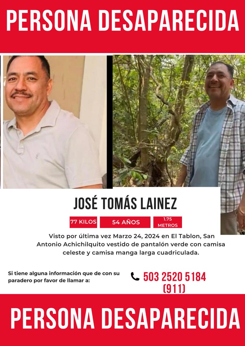 DesaparecidosSV's tweet photo. José Tomás Lainez, desapareció el 24 de marzo 2024, cuando andaba en una caminata en cantón San Antonio Achichilquito, San Vicente. Vestía como la foto de la derecha. Su familia está desesperada buscándole, cualquier información al 5220-5184.  RT por favor. https://t.co/H7Q1q6dxcc