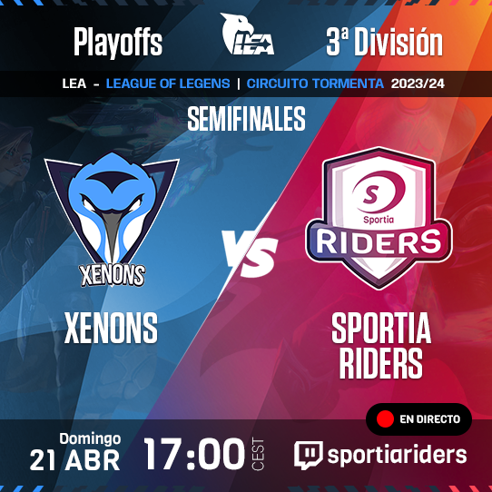 🚨¡Hoy jugamos la semifinal! 

A pesar de tener el ascenso a 2ª asegurado ¡queremos ganar la 3ª Div! 

🆚<a href="/TheXenons/">Xenons #XENWIN 🐧</a>
⏰HOY 17:00
🔴twitch.tv/sportiariders
🎙️@Recoil_Of, <a href="/Gabor1014/">Gabor101</a>, <a href="/Alonsiviri/">Alonsiviri</a>

El rival viene con ganas de revancha ¡No te pierdas este crucial encuentro! 🌟 #SPRWin