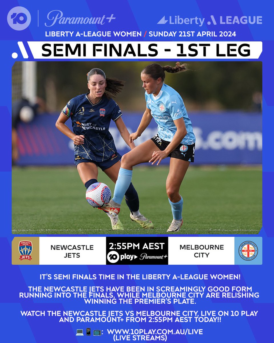 The #DubZone party continues with what's set to be an @aleaguewomen's thriller in Maitland, with the @NewcastleJetsFC & @MelbourneCity. Watch #NEWvMCY live, free & in HD from 2:55pm AEST on 10 Play, plus live on @ParamountPlusAU! 💻📱📺: 10play.com.au/live/10sport4 (Live Stream)