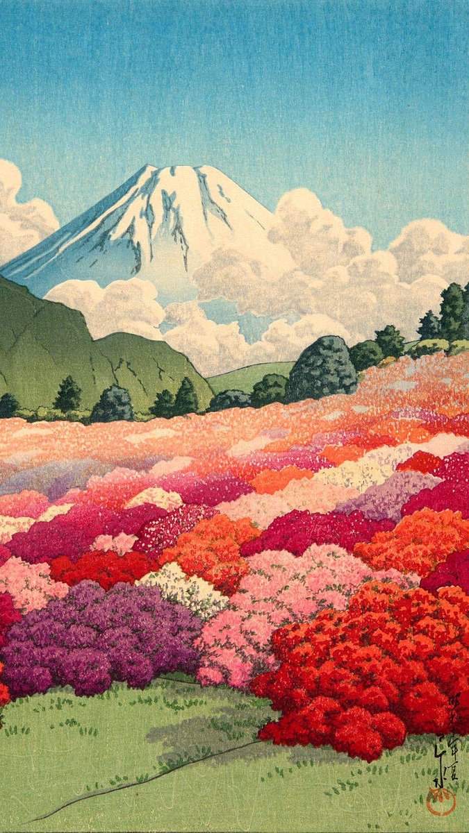 Kawase Hasui - View of Mt. Fuji from an Azalea Garden