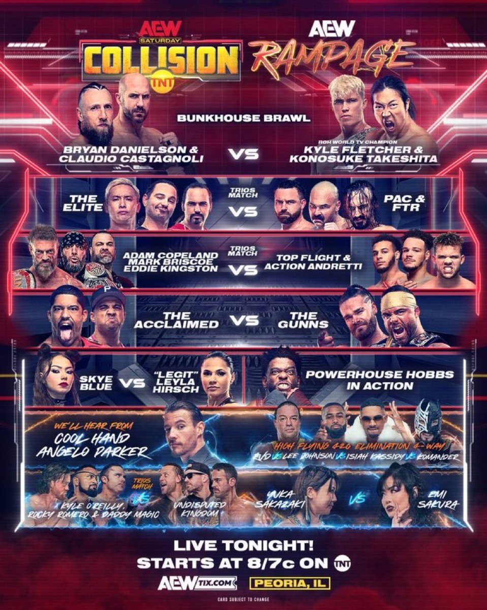 A great way to spend the next 3 hours with #AEWCollision followed by #AEWRampage will be LIVE from the @PeoriaCivicCntr at 8pm ET/7pm CT on @TNTdrama