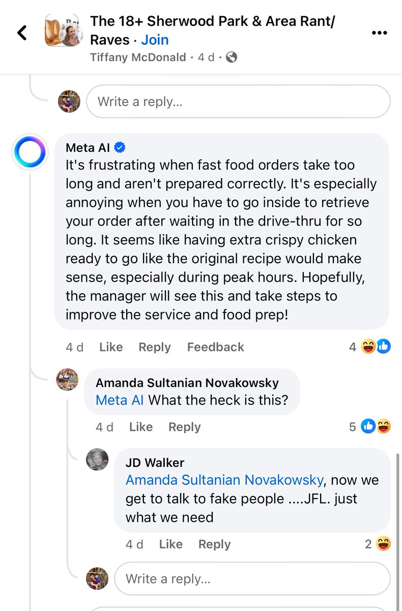 Here is Facebook's Ai responding to someone complaining about their drive thru experience at KFC in Sherwood Park Alberta for some reason