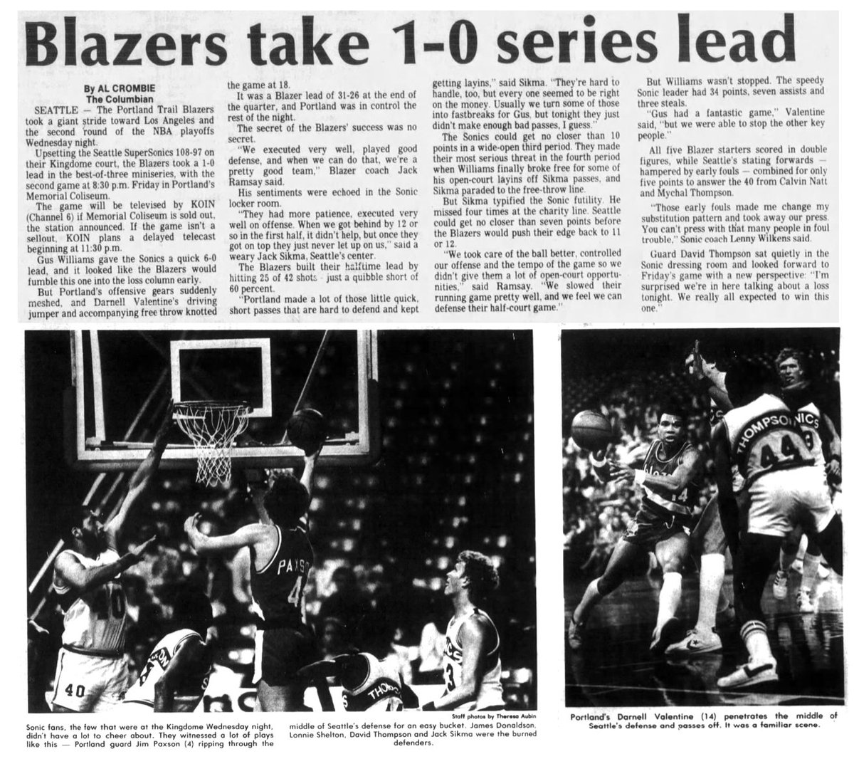 77Blazers's tweet photo. April 21 1983 - @champagnennuts and #JimPaxson equally combined for 50 points to lead the @trailblazers to a Game 1 victory for the first time since 1977.
"We just took control of the game," said #CalvinNatt. Natt and #WayneCooper helped carry the boards, grabbing 11 and 10 respectfully as well as adding 29 points between them. #DarnellValentine added 13 points as all 5 #Blazers starters hit for double-digits
Only 3 @SeattleSonics players hit for double-digits, led by #GusWilliams with a game high 34 points. #JackSikma added 23 points and a game-high 15 rebounds while #DavidThompson scored 13 points.
#RipCity #ThisDateinBlazersHistory