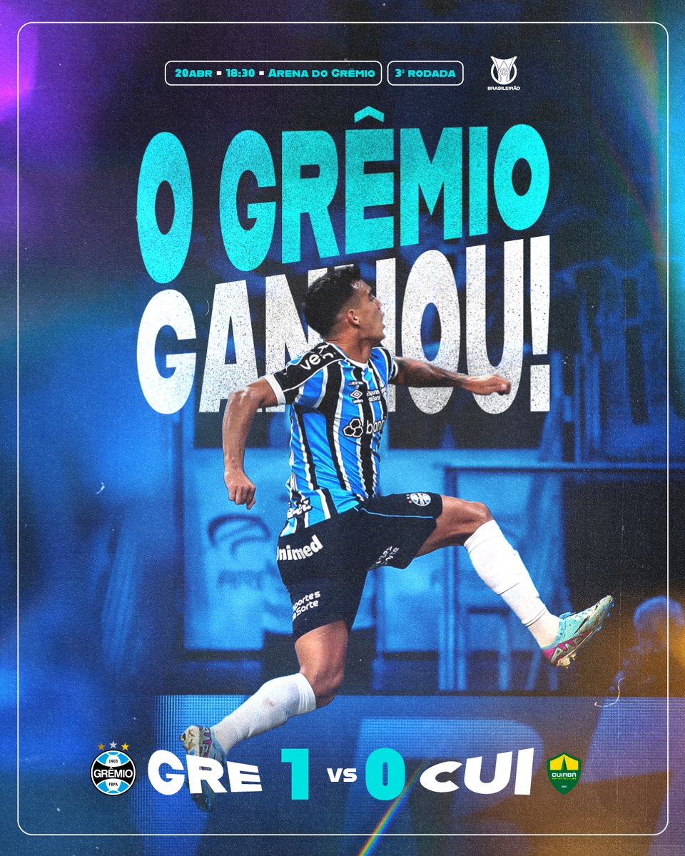Gremio's tweet photo. VITÓRIA!#Grêmio 1x0 Cuiabá
Os embalos de sábado à noite foram com um golaço espetacular do Cristaldo. Com isso e mais uma exibição excelente de toda a equipe, vencemos o Cuiabá, na Arena. Nossa próxima batalha será em La Plata, pela #Libertadores2024.
🇪🇪 #GRExCUI #Brasileirão2024 https://t.co/gpW8cZYlpL