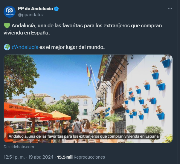 Me acabo de enterar que me tiene bloqueado el PP Andaluz, quizá para que no lea twits infames como este donde se jactan de ser la comunidad favorita de los extranjeros para comprar vivienda mientras que los andaluces y andaluzas no pueden ni pagar el alquiler. No tienen